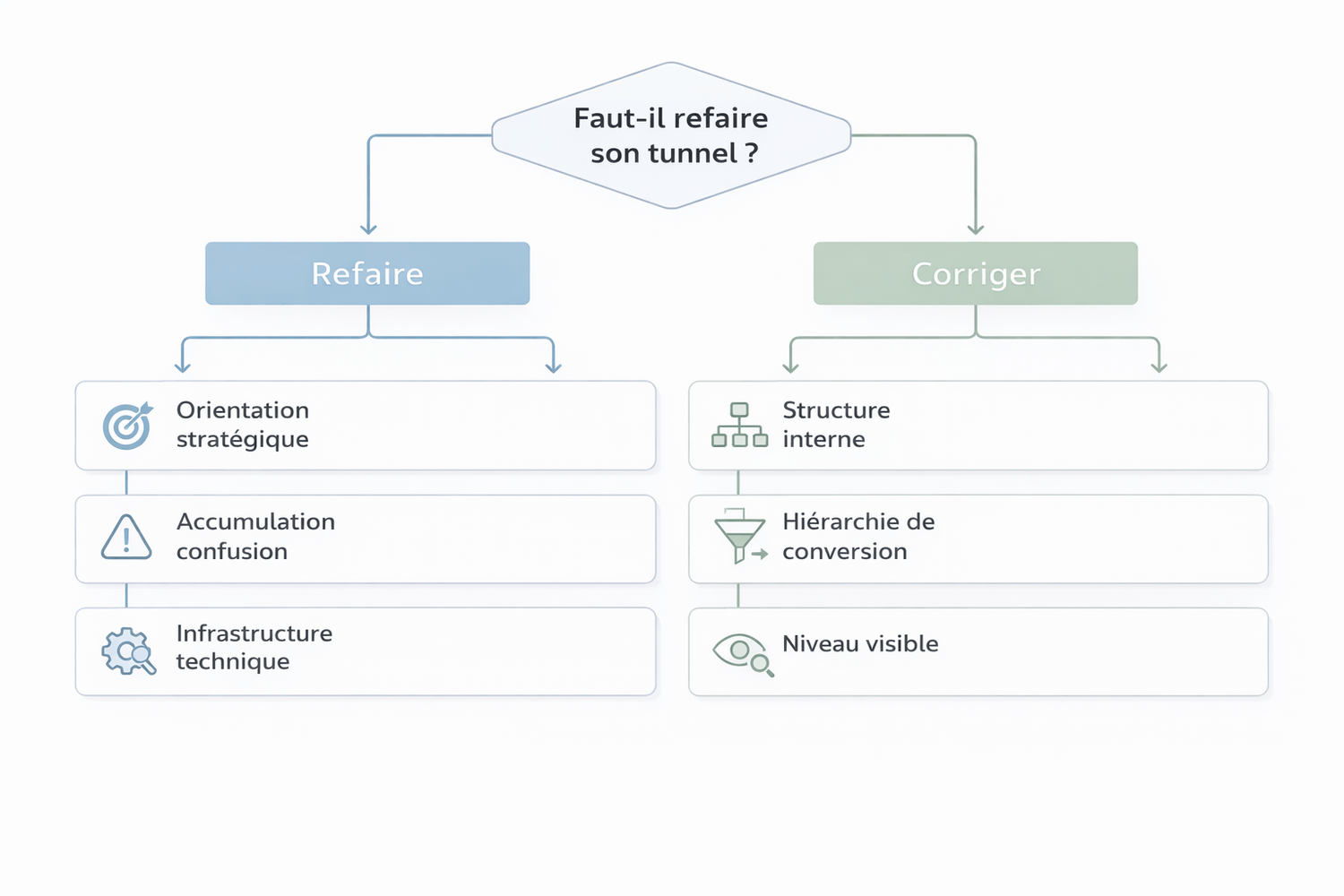 Schéma décisionnel montrant comment choisir entre refaire un tunnel de vente ou corriger sa structure interne selon l’orientation stratégique, la structure et le niveau visible