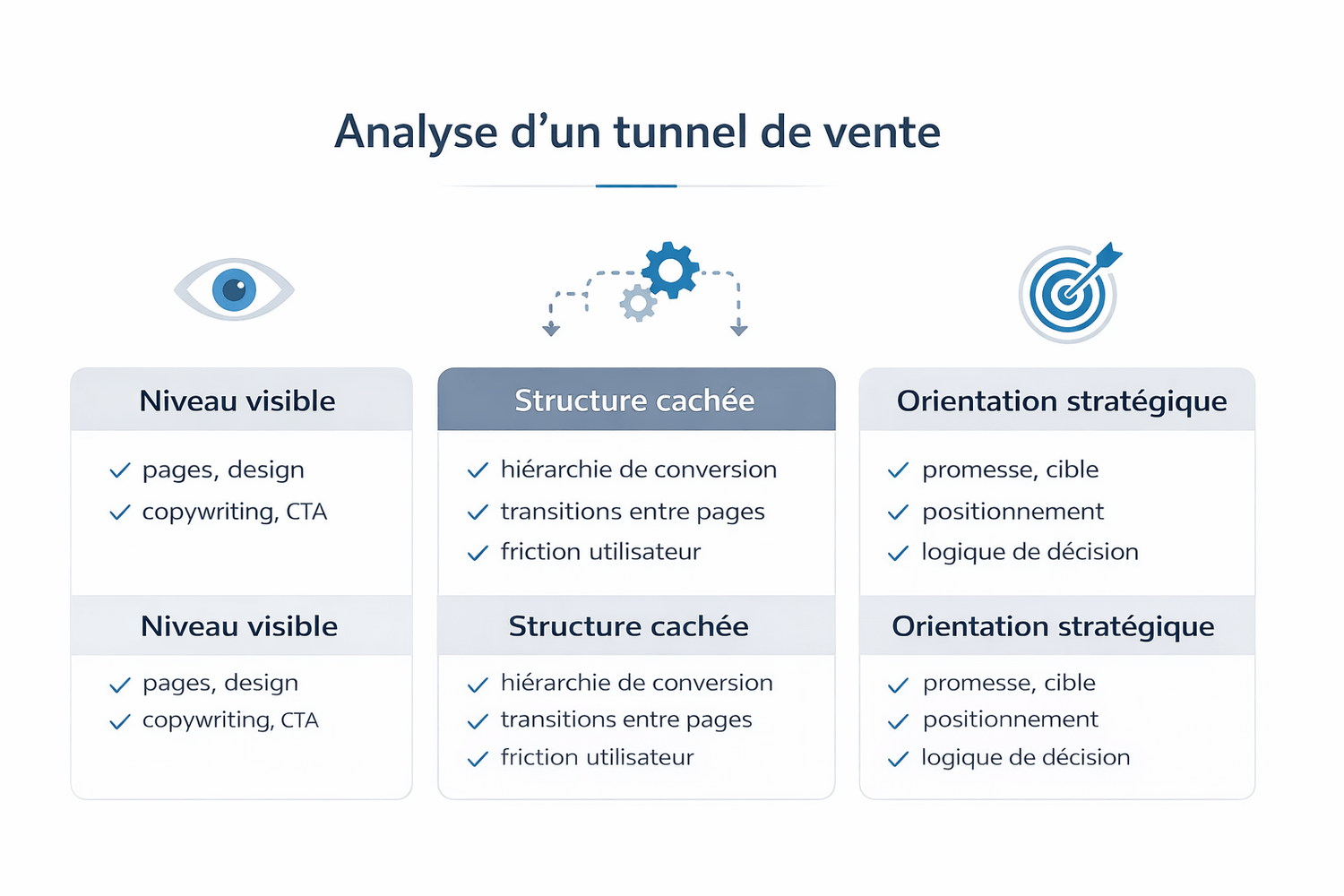 Schéma stratégique montrant les trois niveaux d’analyse d’un tunnel de vente : niveau visible, structure cachée et orientation stratégique