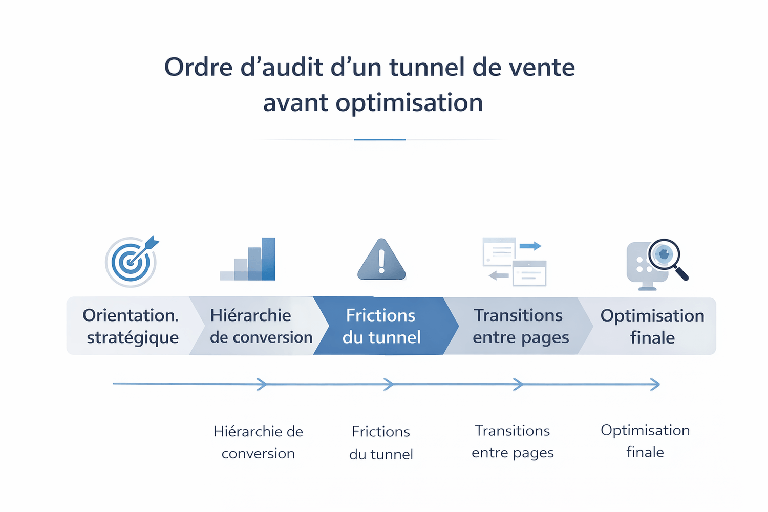 Infographie montrant l’ordre d’audit d’un tunnel de vente avant optimisation : orientation stratégique, hiérarchie de conversion, frictions, transitions, preuve et optimisation