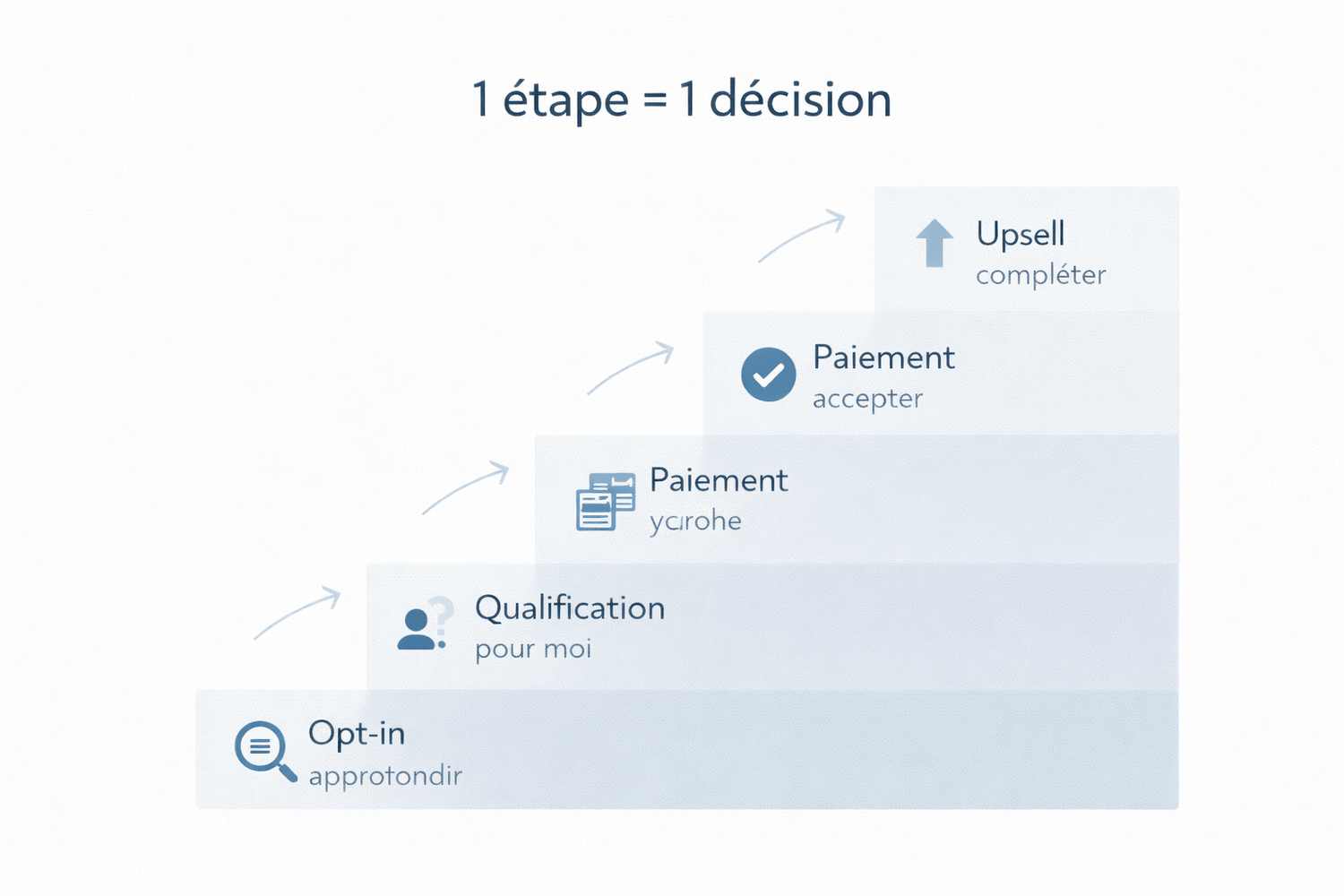Schéma d’un tunnel de vente montrant la règle “1 étape = 1 décision” avec les niveaux opt-in, qualification, vente, paiement et upsell.
