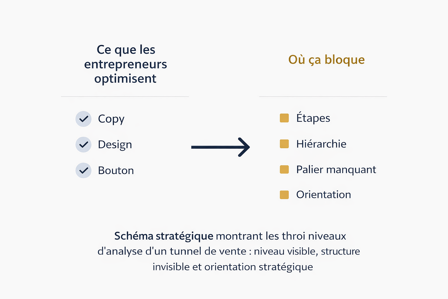 Schéma stratégique montrant pourquoi les entrepreneurs optimisent souvent les éléments visibles d’un tunnel de vente (copy, design, bouton) alors que les blocages réels se situent dans la structure, les étapes et l’orientation stratégique.