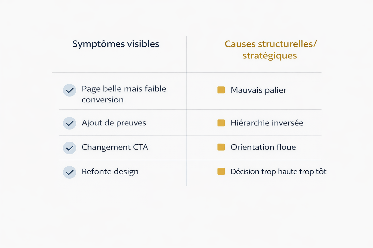 Infographie comparant les symptômes visibles d’un tunnel de vente qui ne convertit pas (design, CTA, ajout de preuves) et les causes structurelles réelles comme un mauvais palier, une hiérarchie inversée ou une orientation stratégique floue.