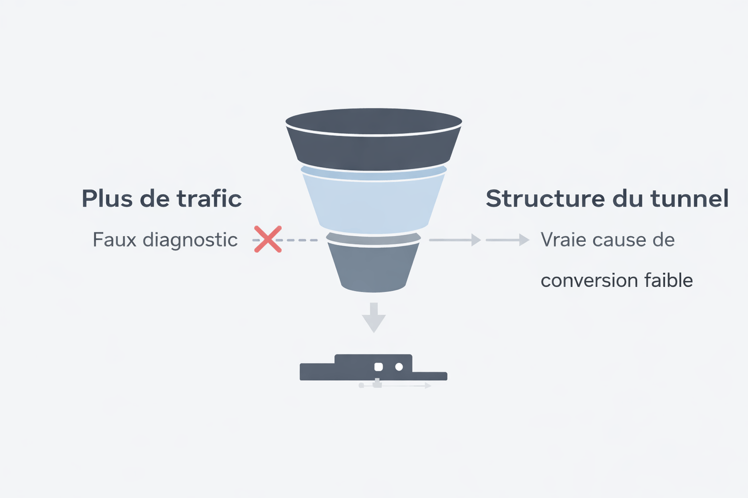 Schéma stratégique montrant que le problème d’un tunnel de vente qui ne convertit pas vient souvent de la structure du tunnel et non du manque de trafic