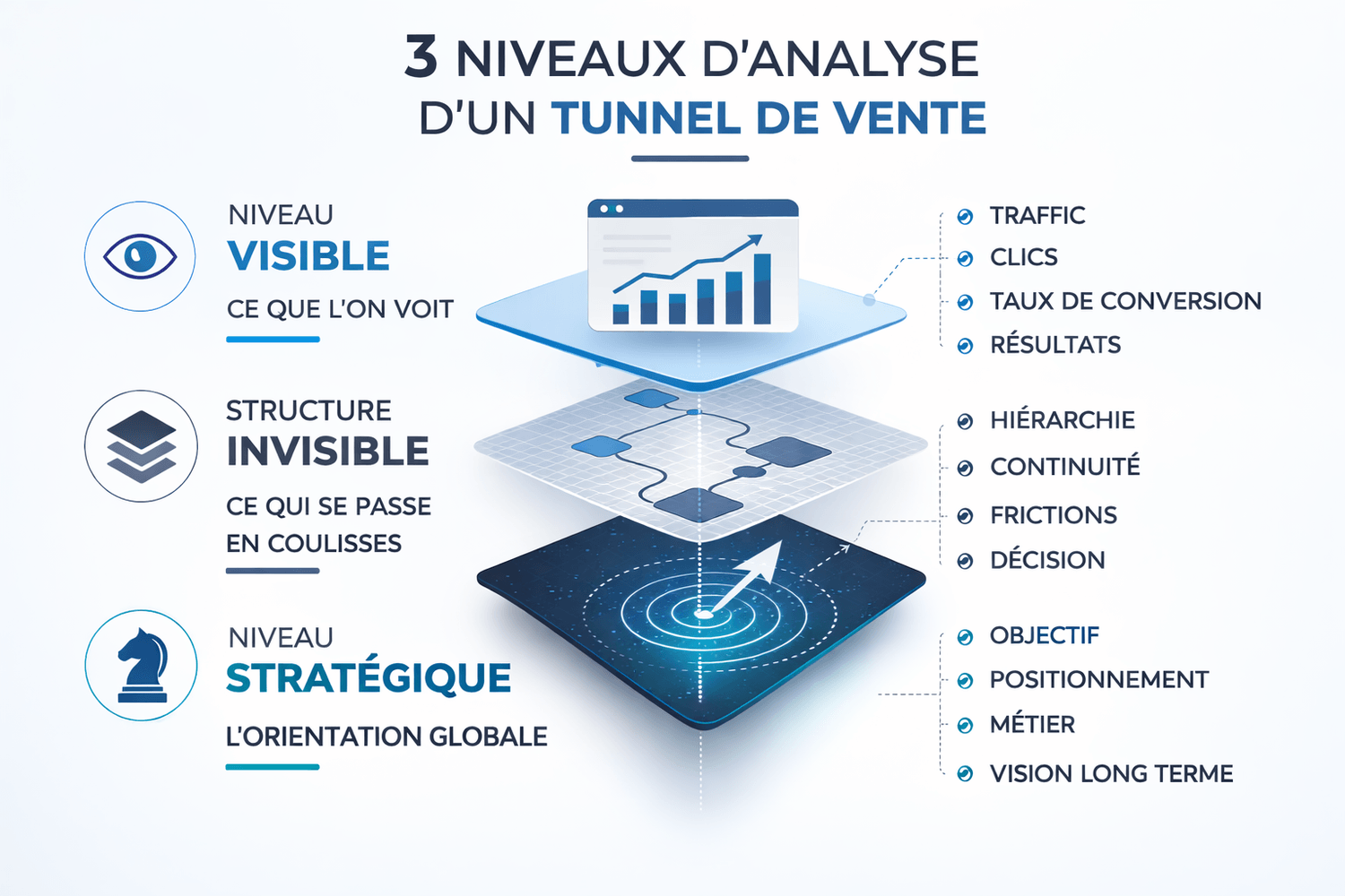 Infographie montrant les trois niveaux d’analyse d’un tunnel de vente : niveau visible, structure invisible et niveau stratégique