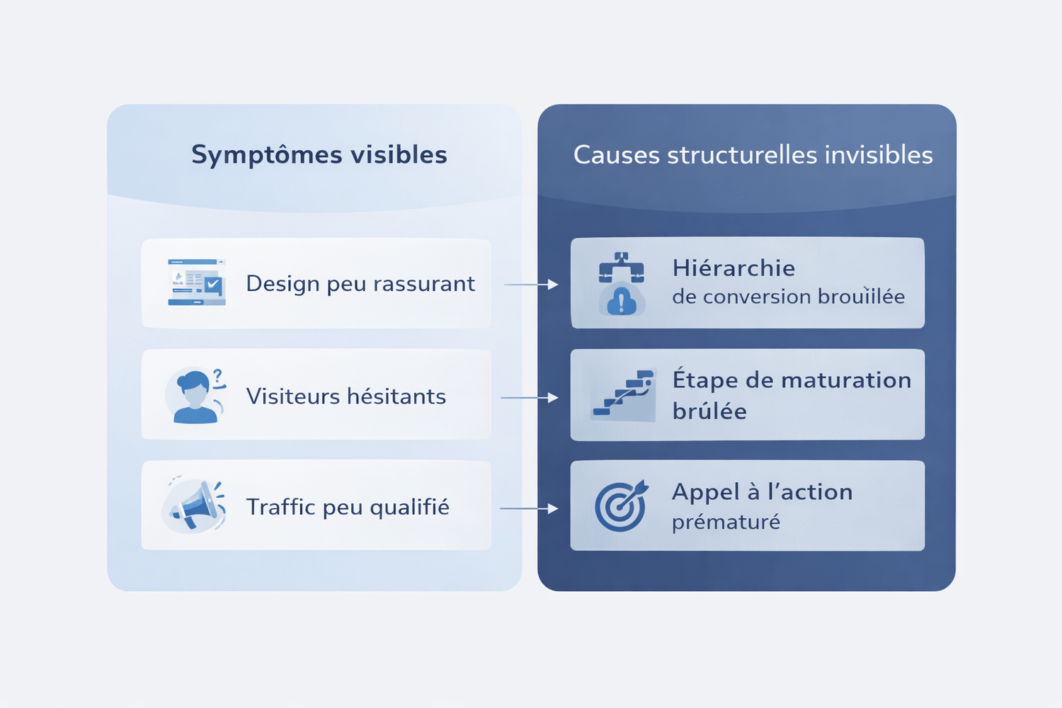 Diagramme stratégique montrant les symptômes visibles d’un tunnel de vente qui ne convertit pas et les causes structurelles invisibles qui bloquent la conversion