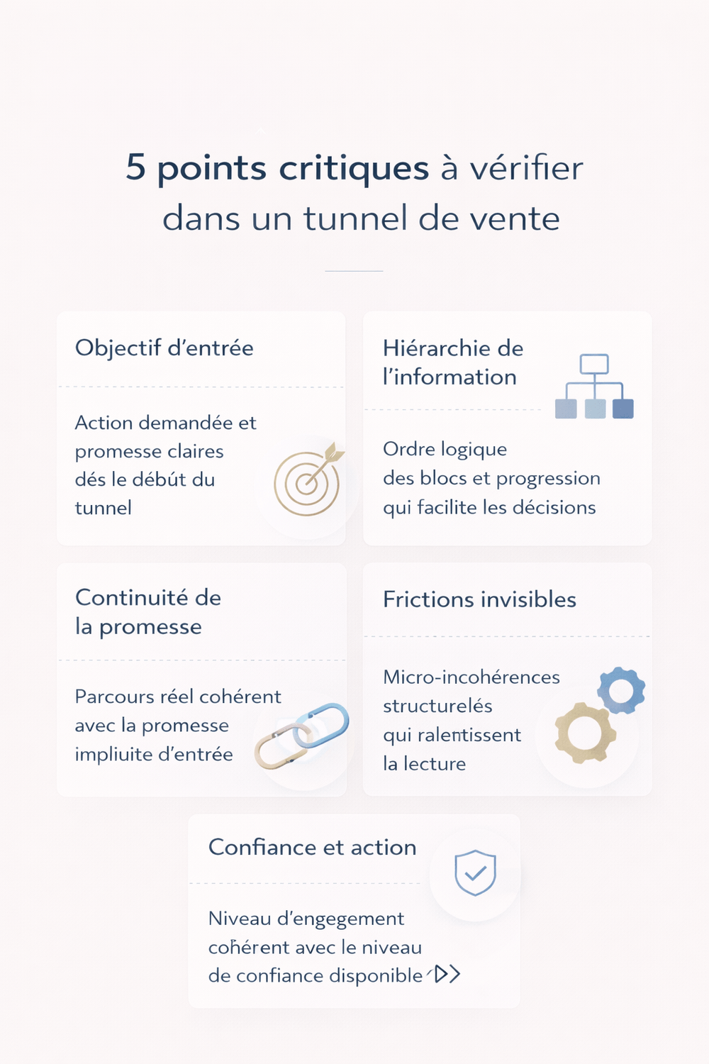 Infographie stratégique montrant les 5 points critiques à vérifier dans un tunnel de vente : objectif d’entrée, hiérarchie de l’information, continuité de la promesse, frictions invisibles et cohérence entre confiance et action.