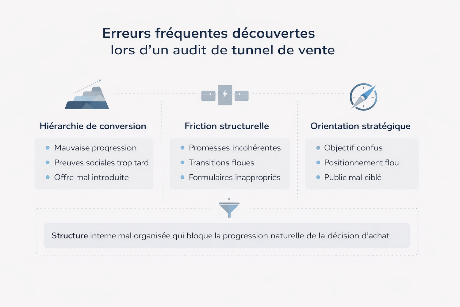 Infographie stratégique montrant les erreurs structurelles fréquentes révélées lors d’un audit de tunnel de vente et leur impact sur la hiérarchie de conversion.