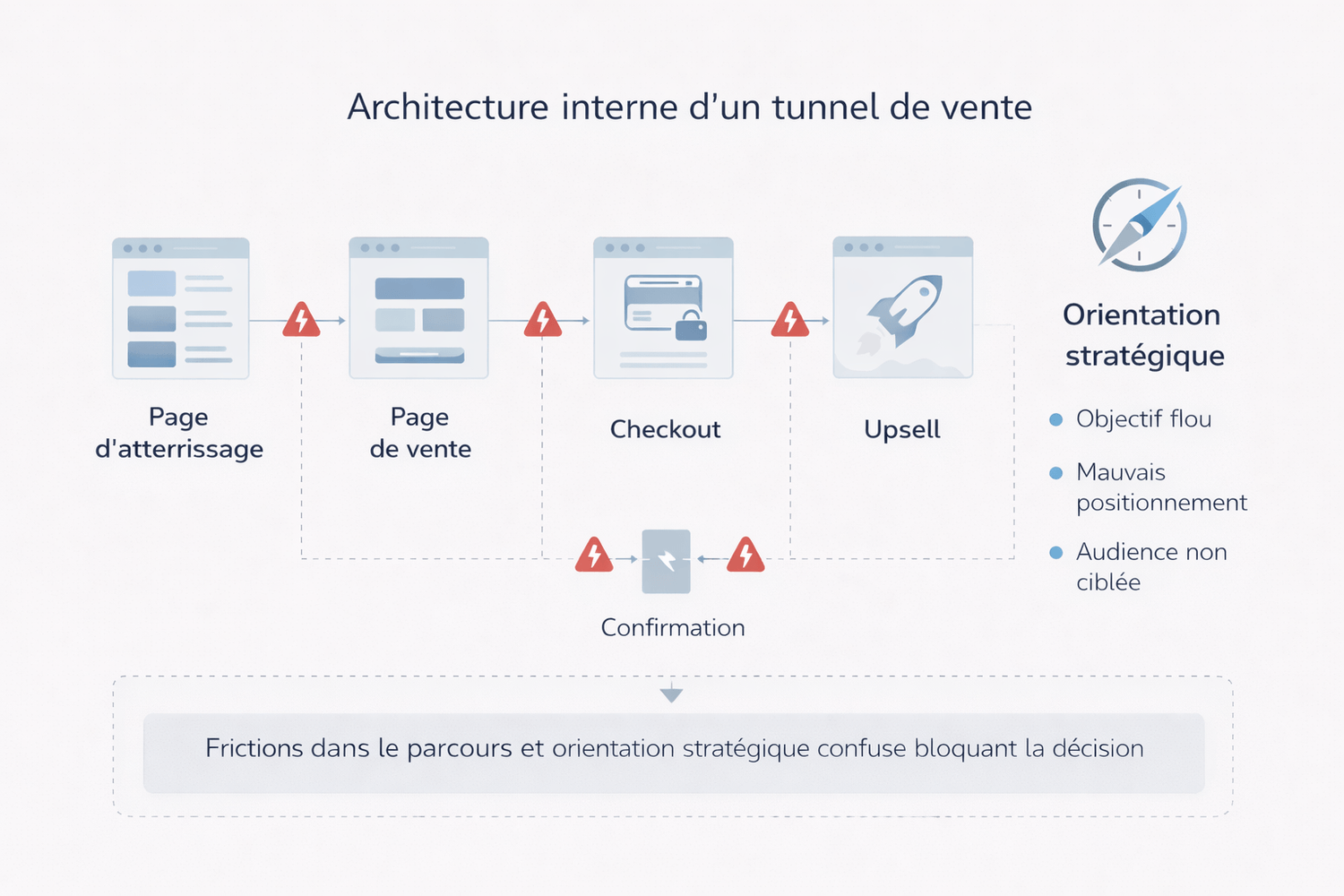Diagramme stratégique montrant l’architecture interne d’un tunnel de vente et les zones de friction qui bloquent la progression vers la décision d’achat.