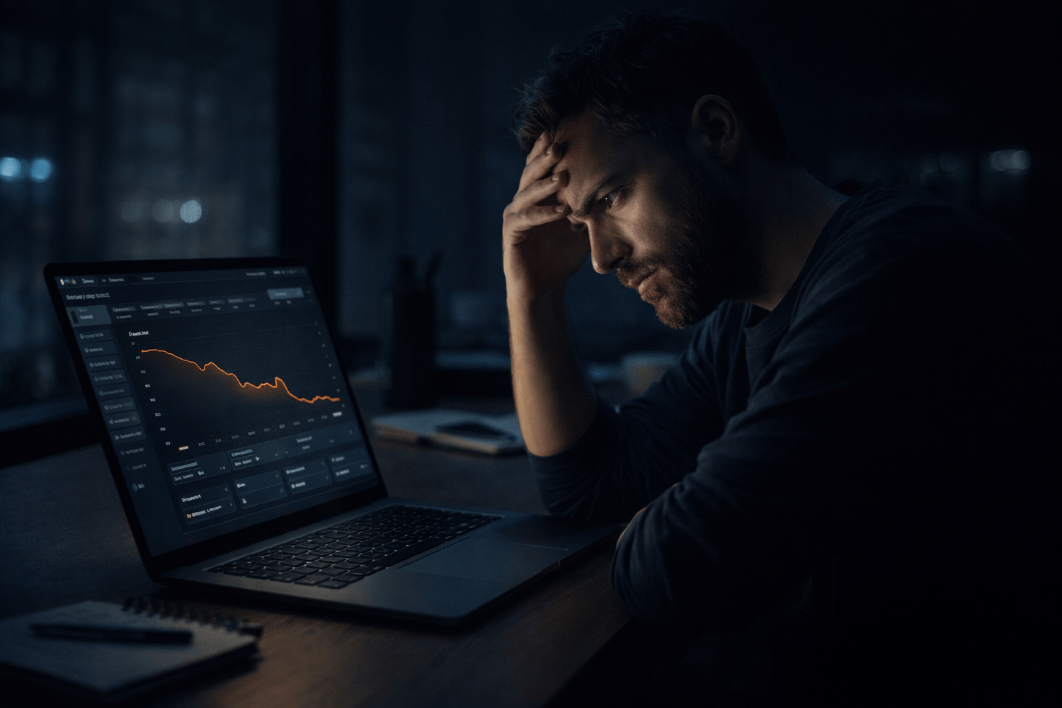 entrepreneur frustré devant son ordinateur face à un parcours business qui ne transforme pas
