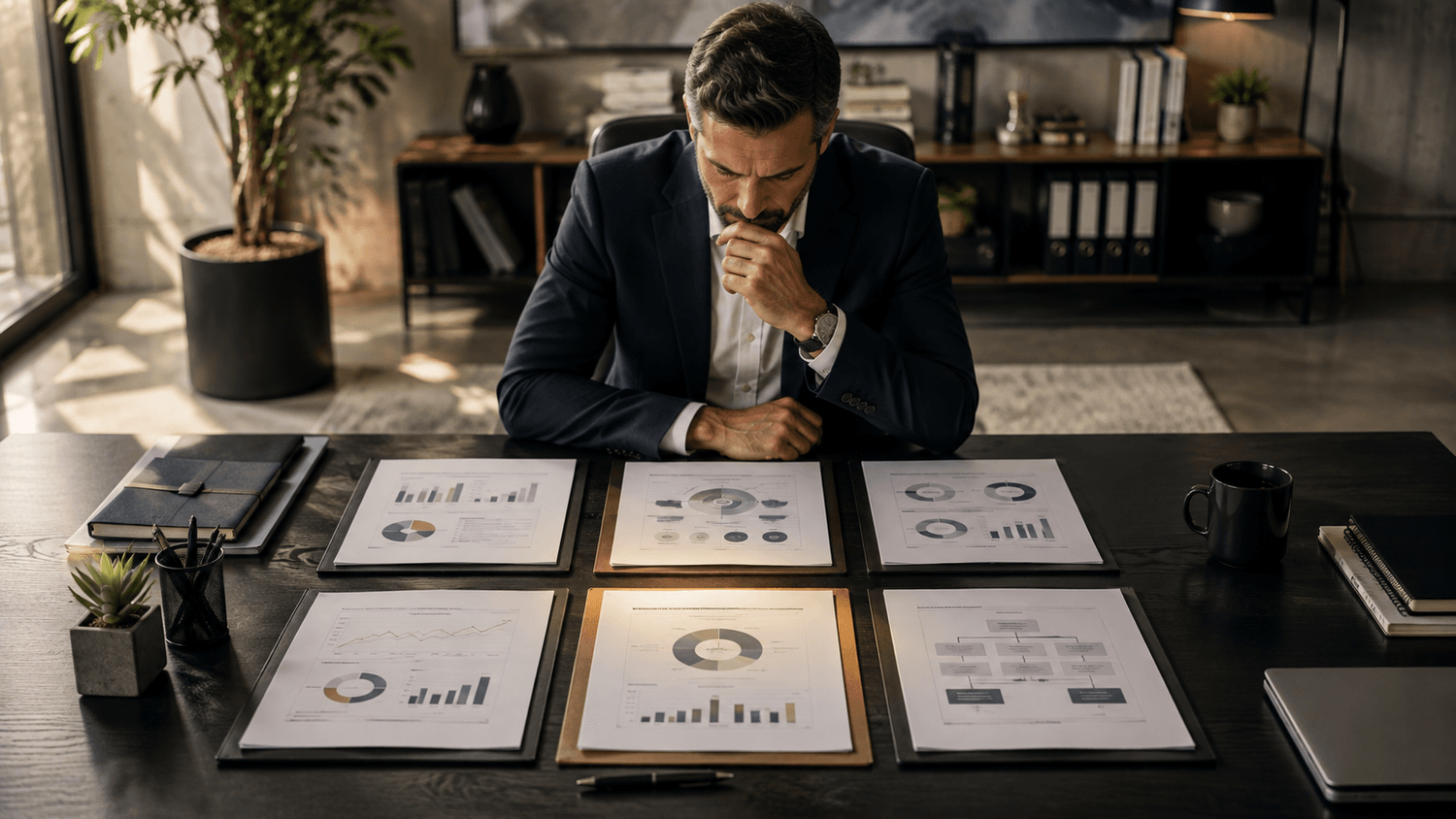 Dirigeant analysant plusieurs enjeux de son entreprise afin d’identifier la priorité à traiter en premier.