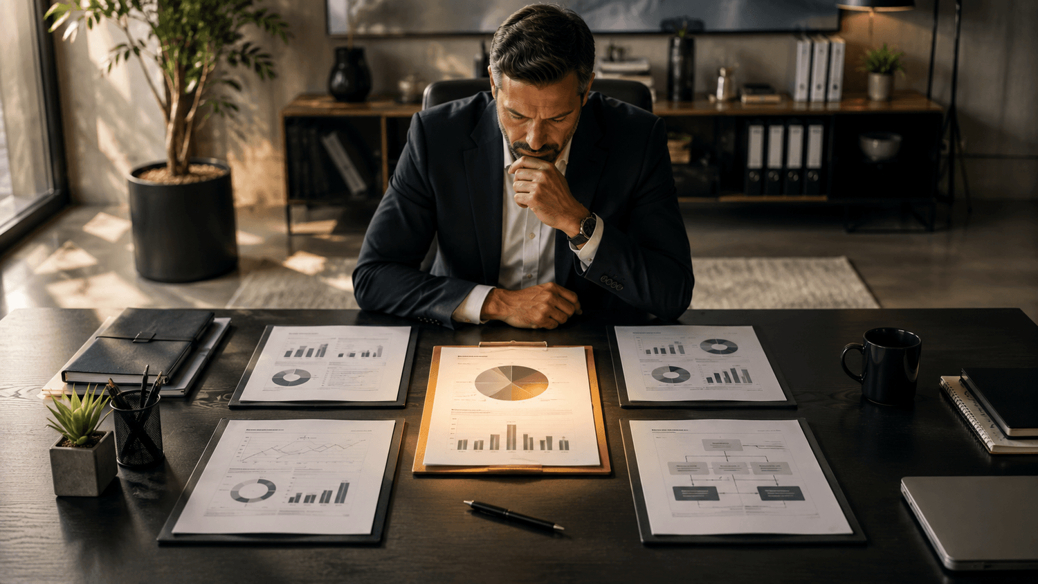 Dirigeant comparant plusieurs pistes afin d'identifier la priorité stratégique à traiter en premier dans son entreprise