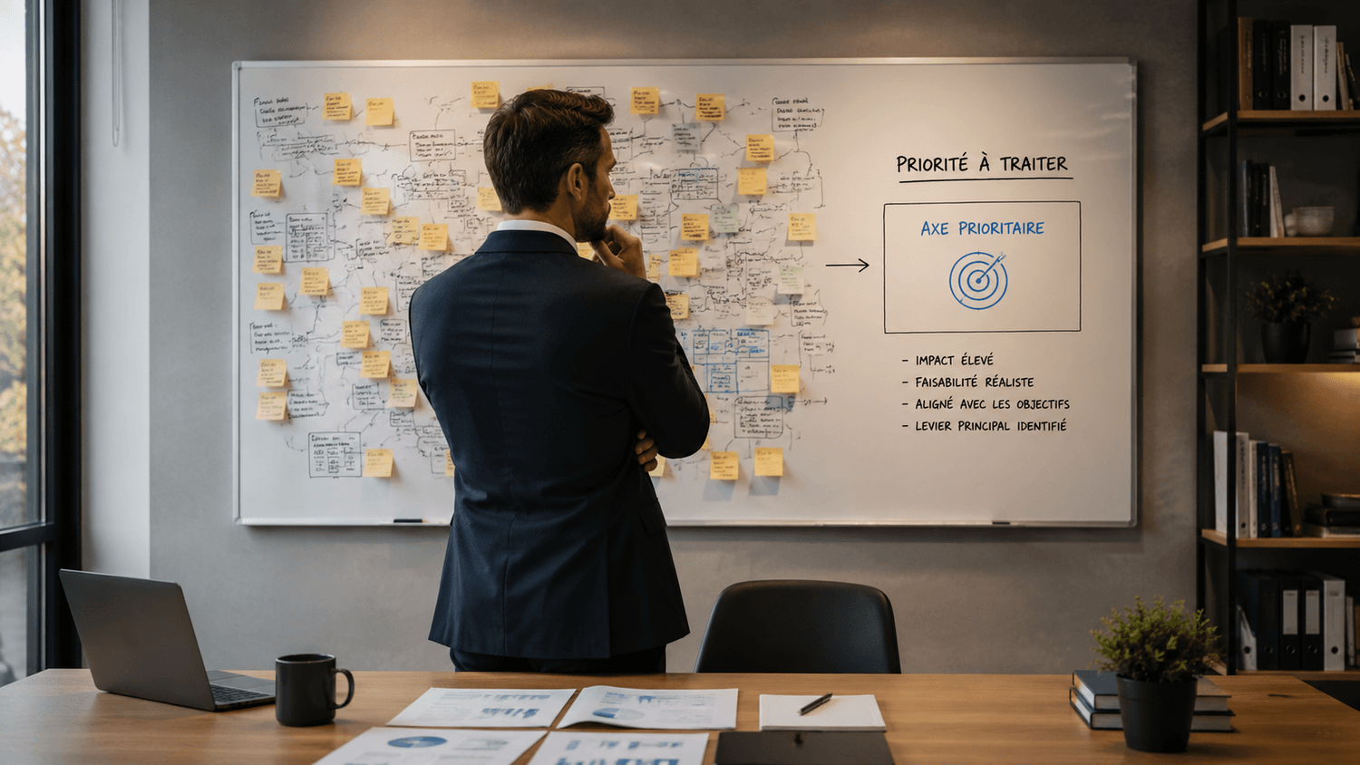 Dirigeant concentrant son attention sur une priorité après avoir clarifié plusieurs sujets de son entreprise