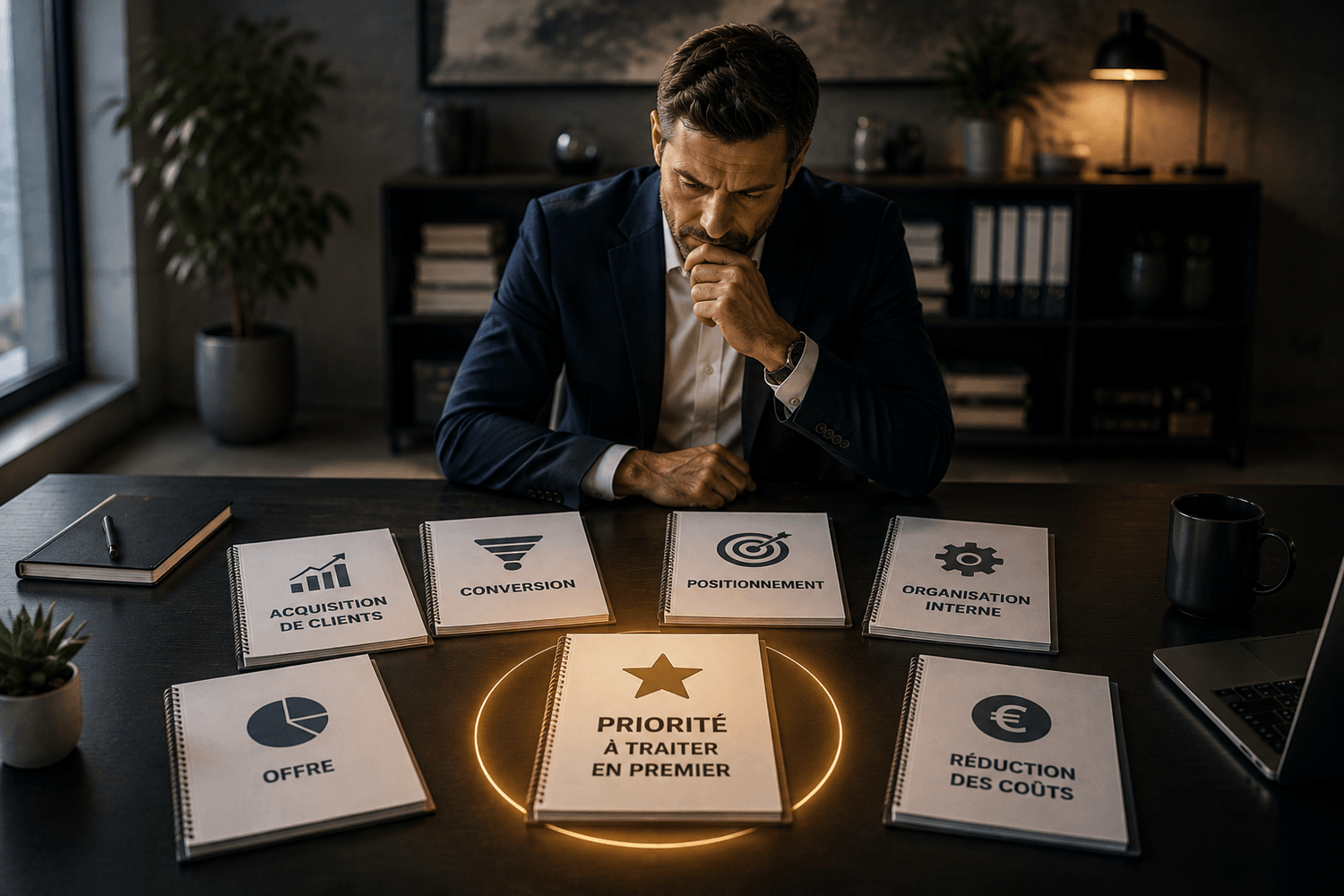 Dirigeant analysant plusieurs décisions possibles pour identifier la priorité à traiter en premier lorsque son entreprise stagne.