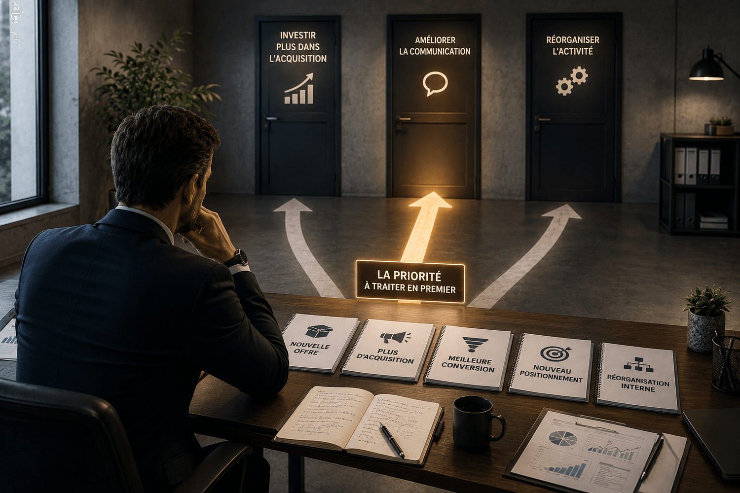 Dirigeant analysant les causes d'une entreprise qui stagne afin de savoir quoi améliorer en premier