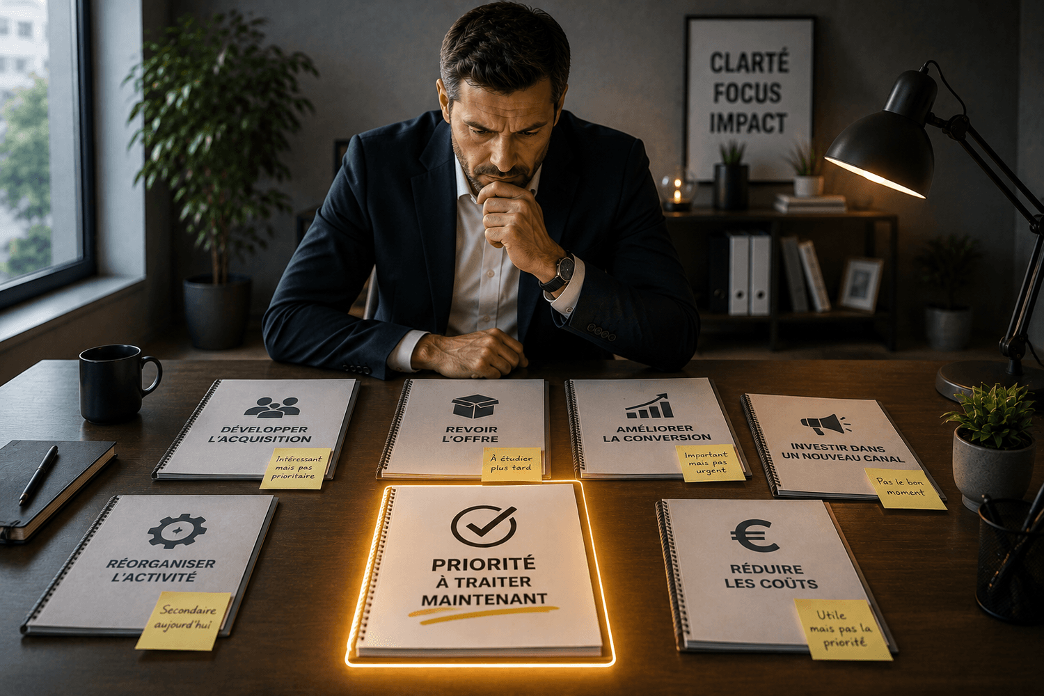 Dirigeant comparant plusieurs pistes d'amélioration afin d'identifier celle à traiter en priorité dans son entreprise