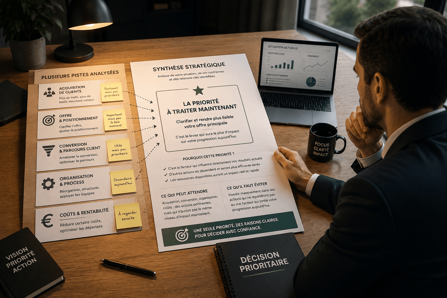 Dirigeant analysant plusieurs pistes de développement afin d’identifier la priorité à traiter en premier dans son entreprise.