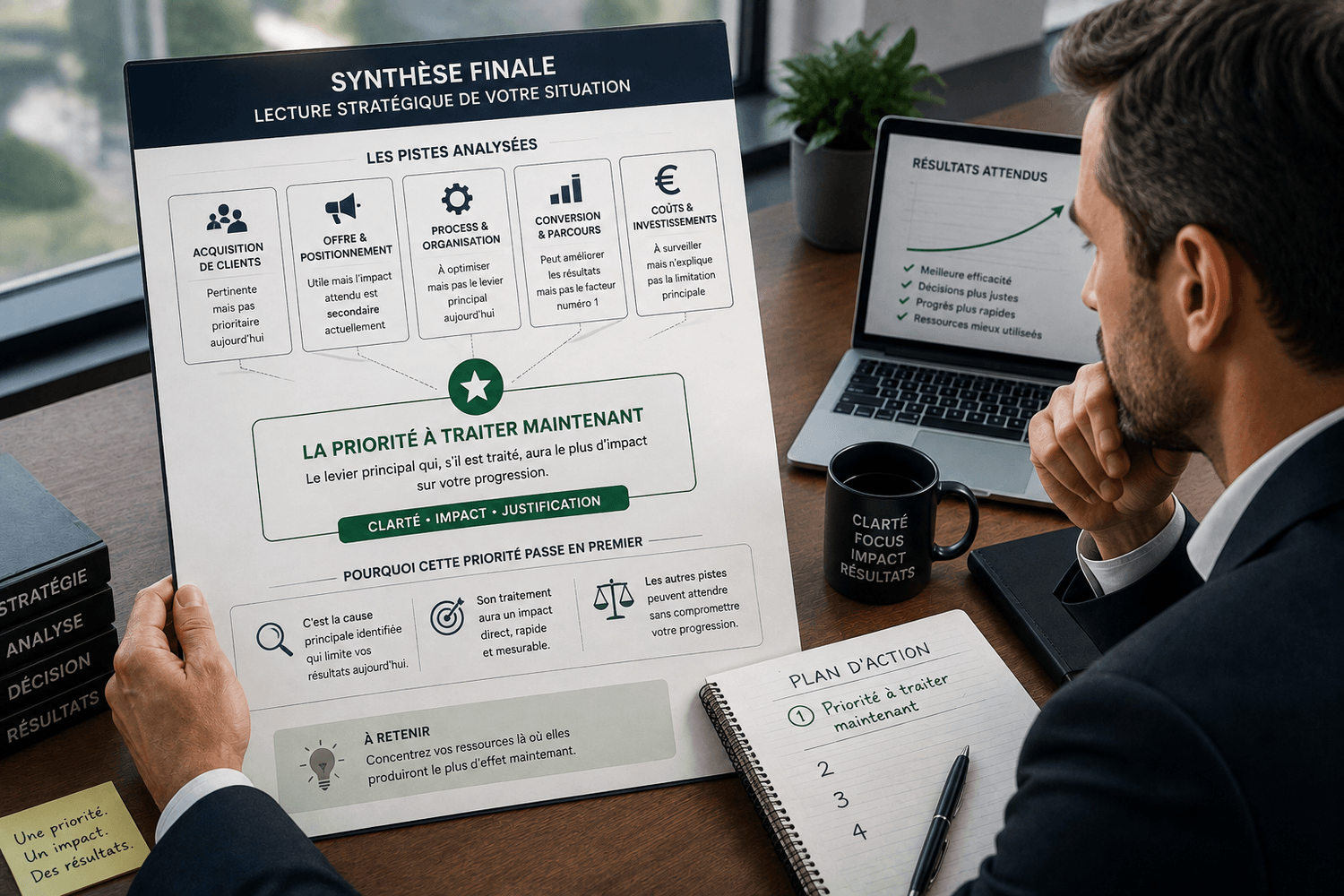 Dirigeant analysant plusieurs pistes pour déterminer quelle priorité traiter en premier dans son entreprise.