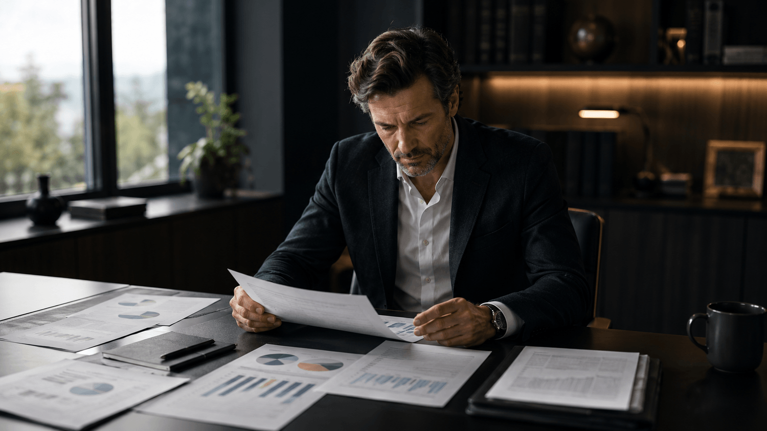 Dirigeant analysant plusieurs données de son entreprise avant de prendre une décision stratégique.