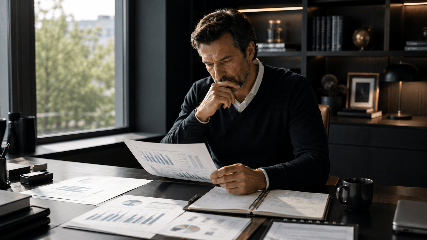 Dirigeant analysant les données de son entreprise avant de prendre une décision stratégique.