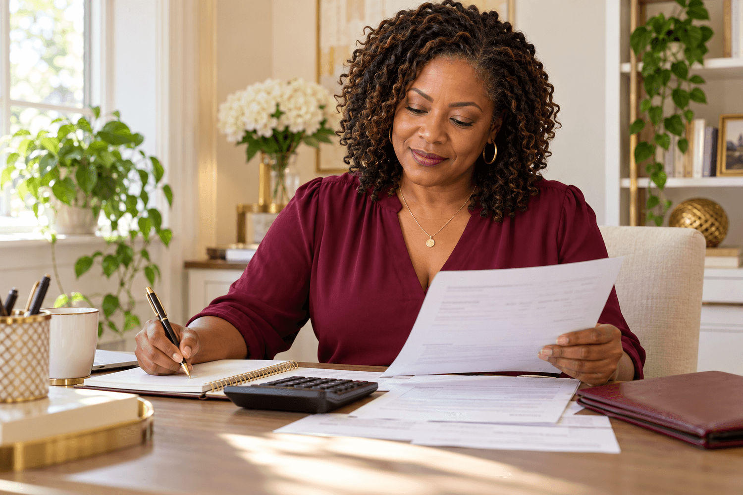 Woman reviewing financial paperwork at a desk