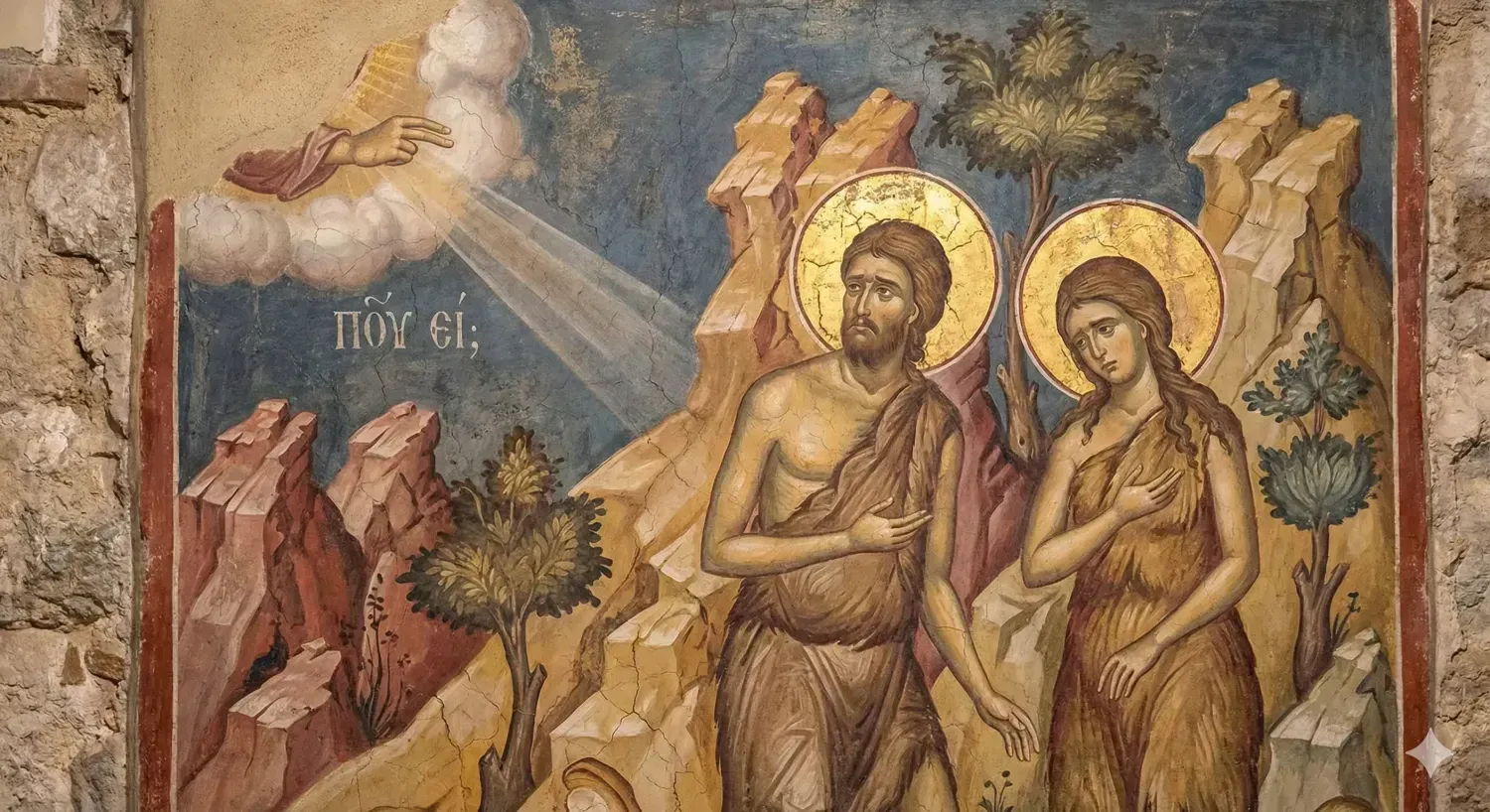 Gemini-Generated Icon of Adam & Eve's Shame being discovered by God | The Orthodox Snake Writing Agency