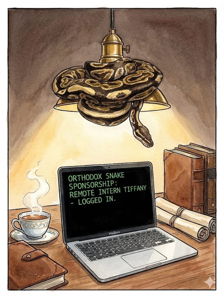 Illustration of Tiffany logging into her remote internship | The Orthodox Snake Writing Agency
