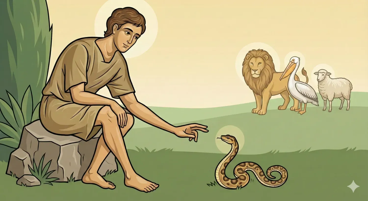 Adam naming the animals (Ball Python, Lion, Pelican, Sheep) | The Orthodox Snake Writing Agency