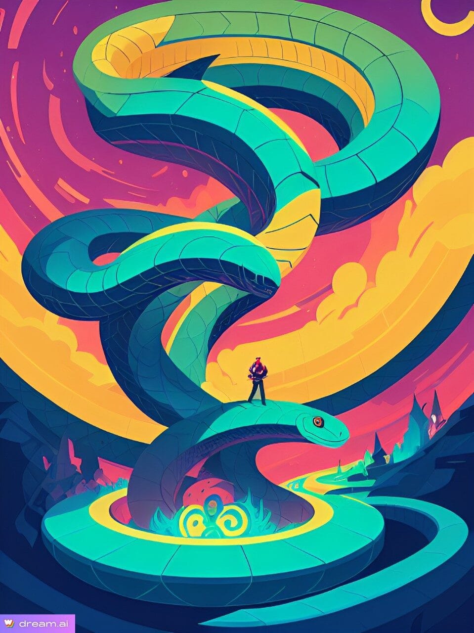 Early AI art of a cowboy standing on the snake of Enlightenment | The Orthodox Snake Writing Agency