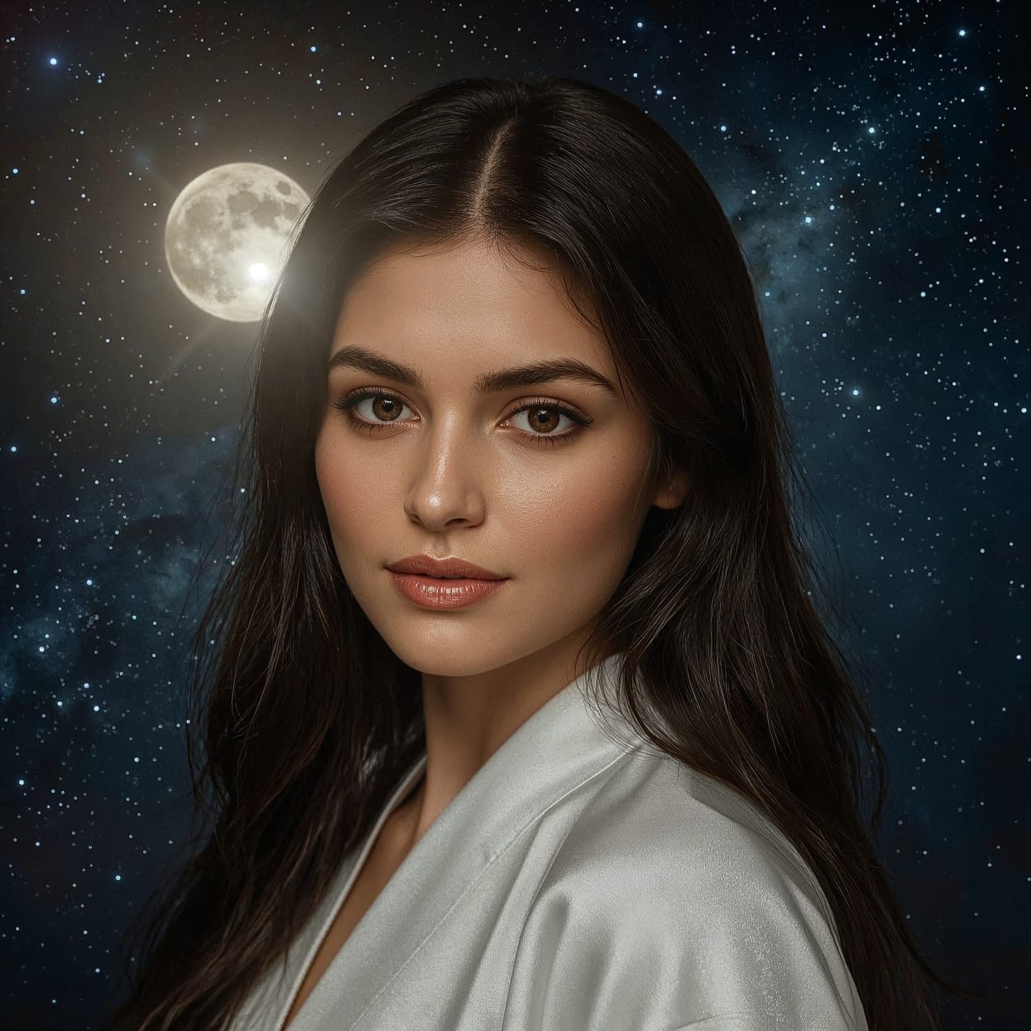 Luna, tarologue et astrologue, regard caméra, fond ciel étoilé et lune