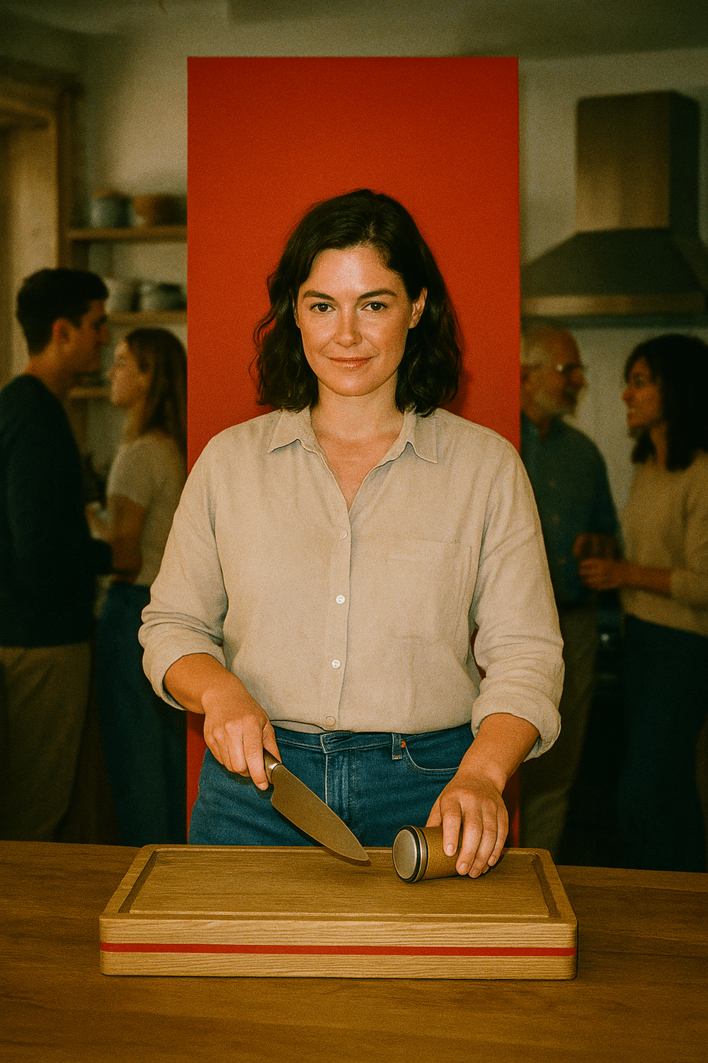 Young woman cooking for friends  using Oakstone tools 