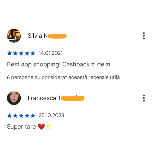 Recenzii utilizatori 2021 și 2023, aplicație cashback apreciată cu 5 stele pentru cumpărături și oferte cashback zilnice.
