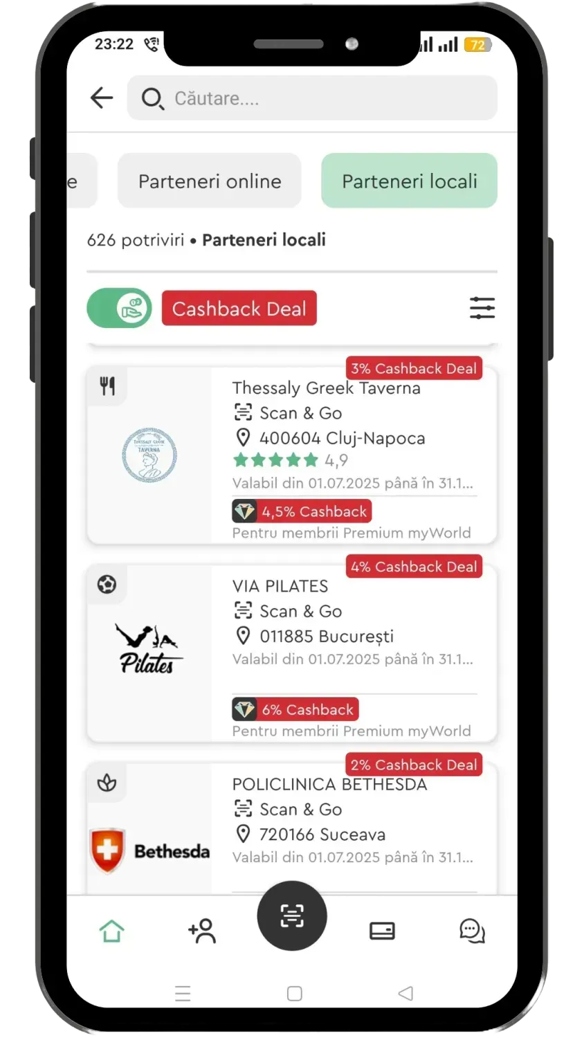 Captură de ecran aplicație myWorld - oferte cashback deals la parteneri locali și online pentru utilizatori.