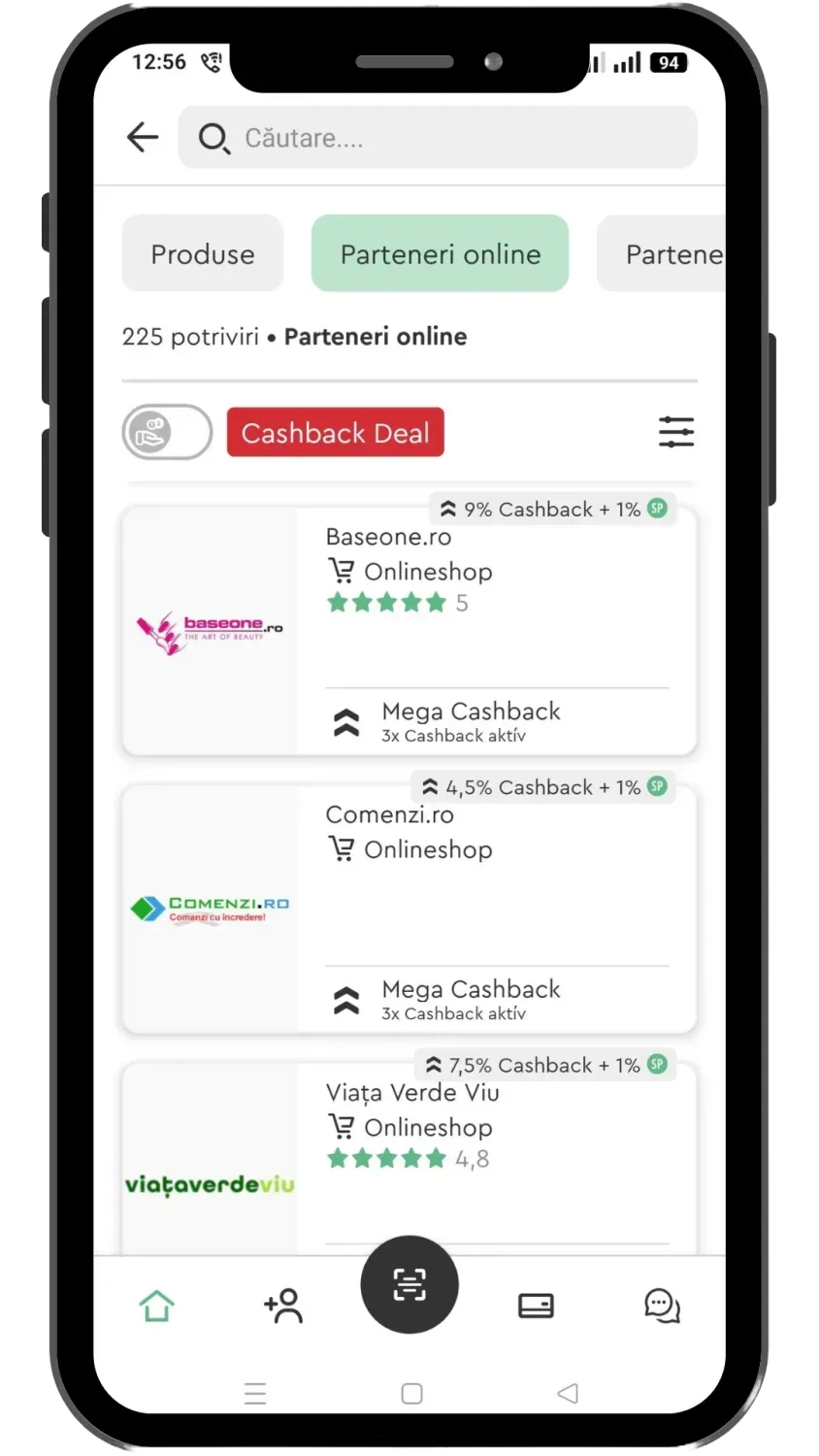 Captură de ecran aplicație cashback myWorld - oferte speciale și cashback parteneri locali și online până la 25%.