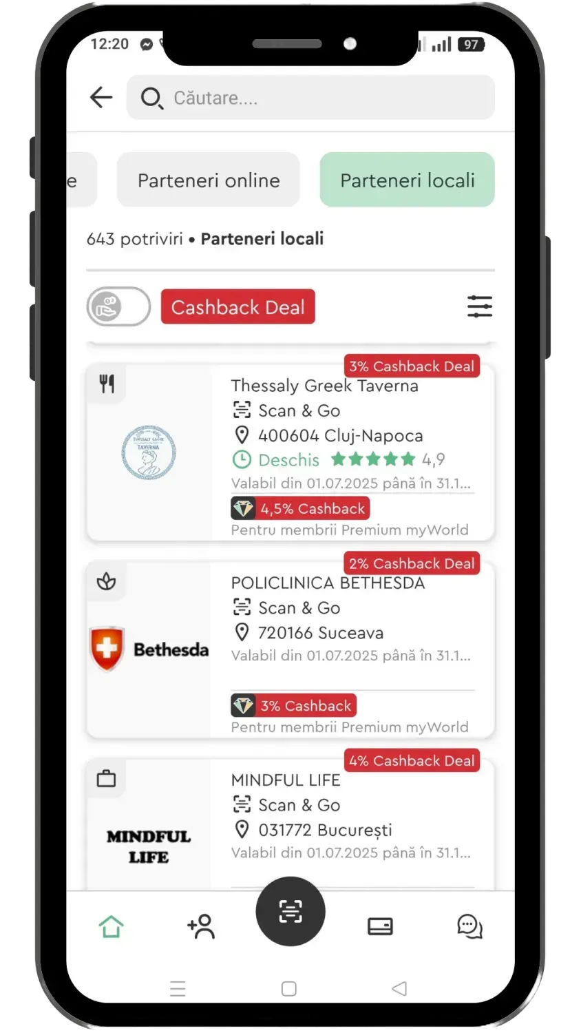 Captură de ecran aplicație myWorld - oferte cu cashback și puncte pentru plata cu eVoucher la IKEA, Flanco, Starbucks.