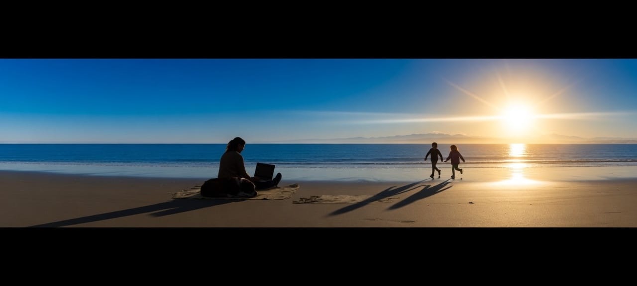 A woman on a blanket with a laptop and a dog, two children running toward the sun.