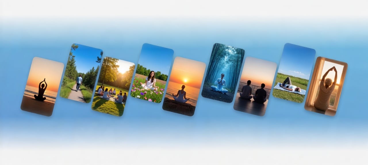 Wellness scenes of yoga, walking, sitting in a circle, and meditation.