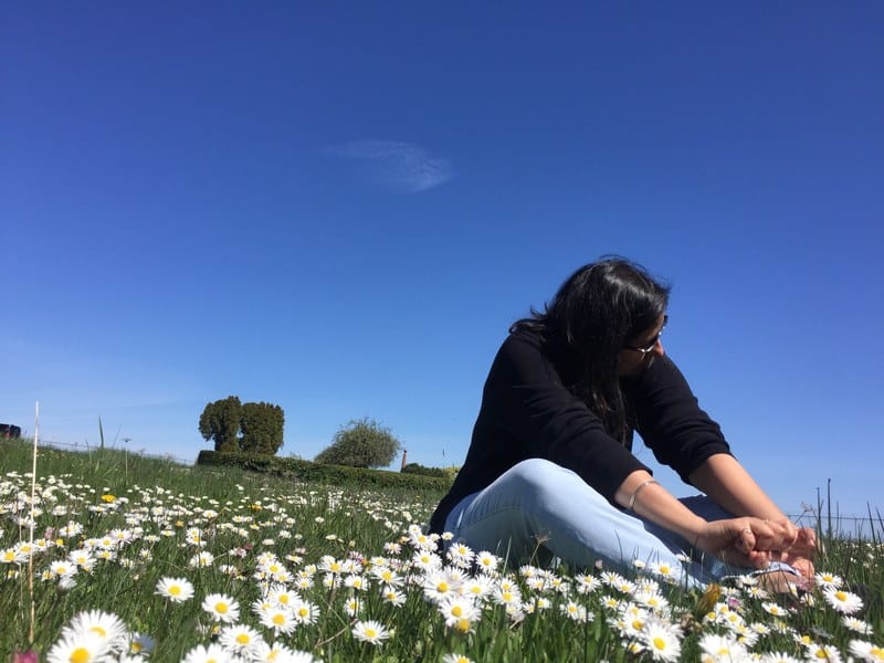 A quiet moment in a field of flowers.