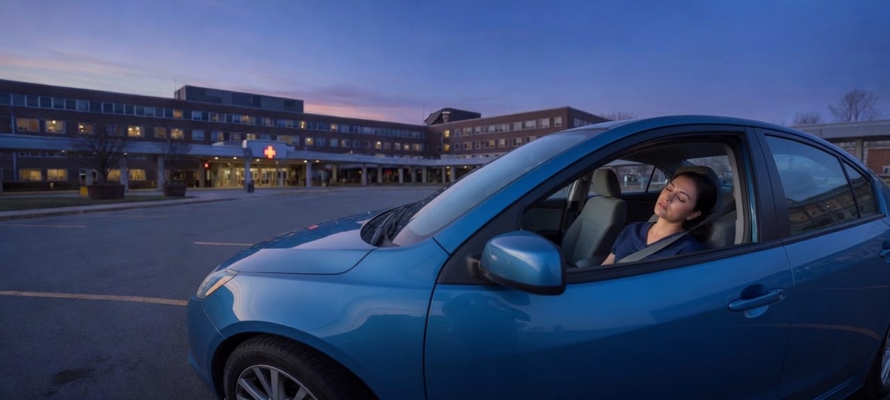 A clinician asleep in a parked car at dawn, the hospital behind her.