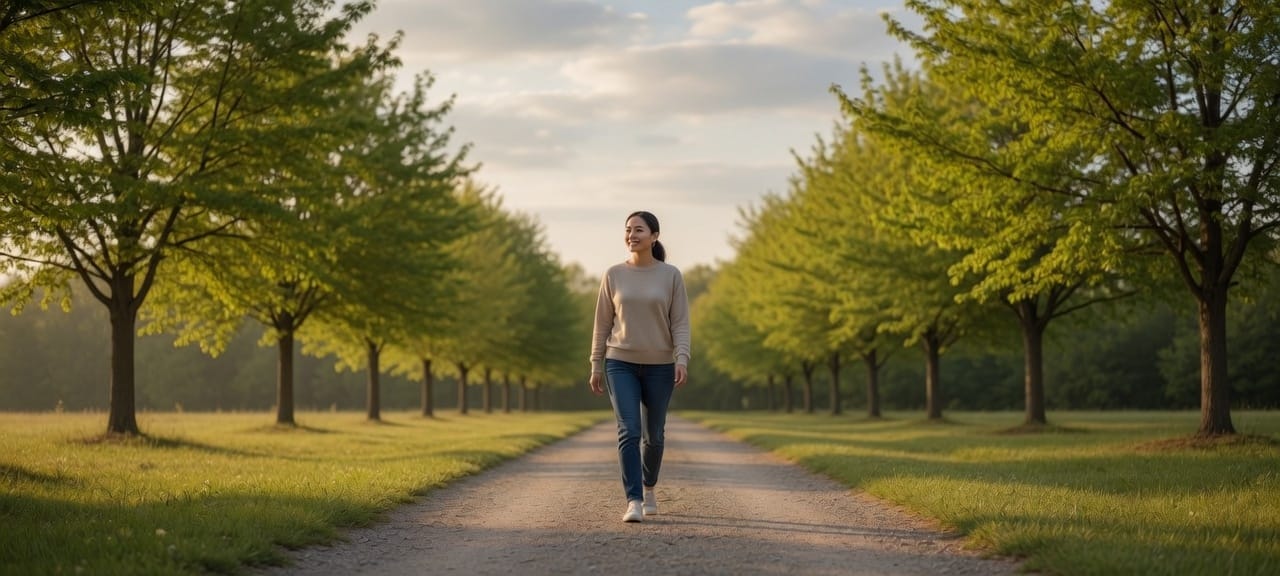 The same clinician walking a quiet morning path, off duty.