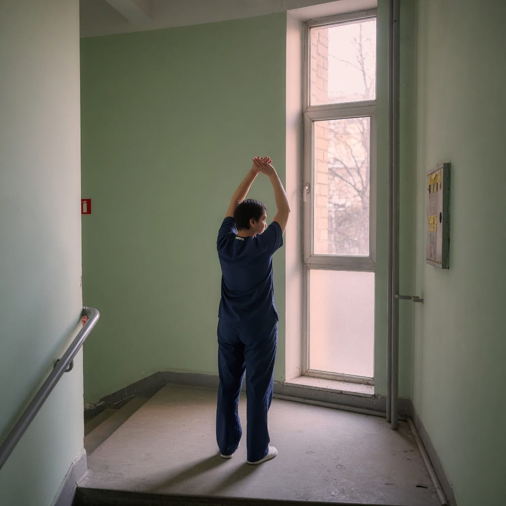 A slow stretch in a quiet stairwell.