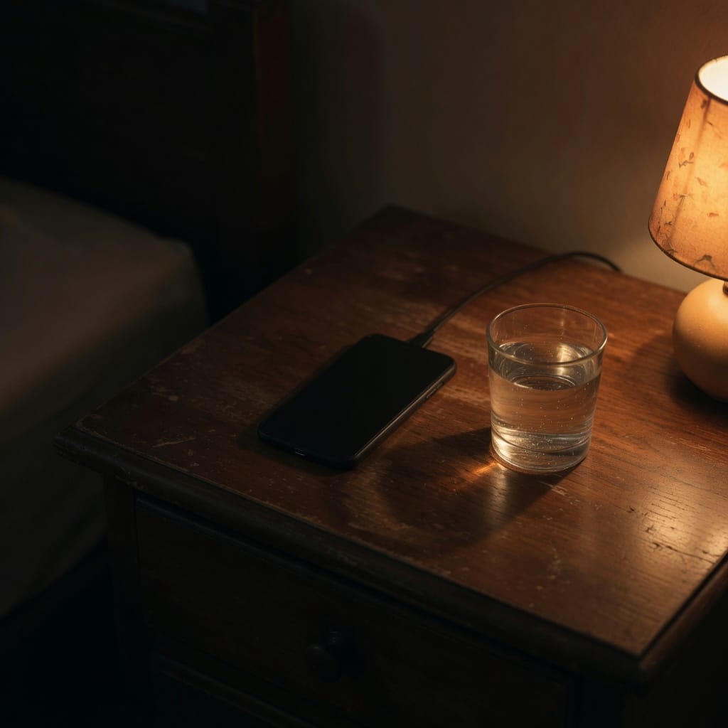 A phone face down beside a glass of water at night.