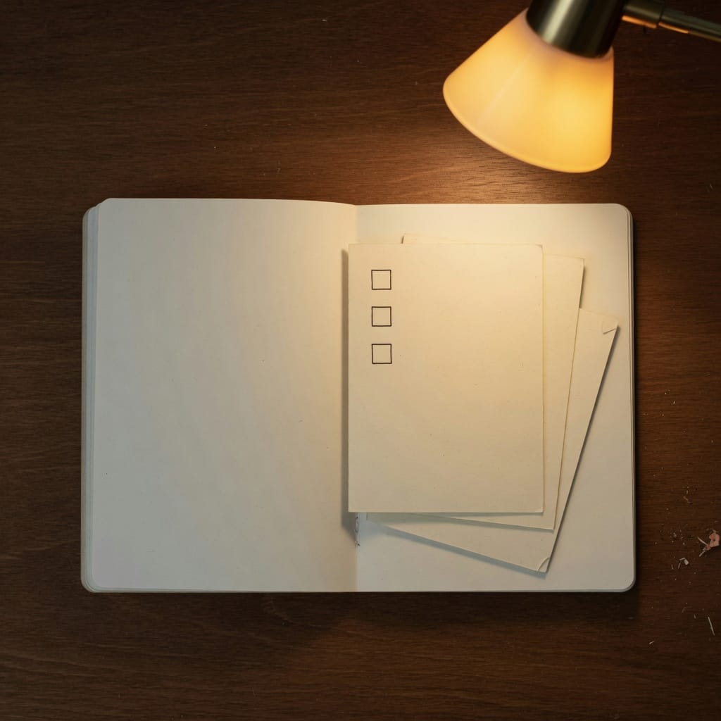 A blank notebook and cards, the start-here guide.
