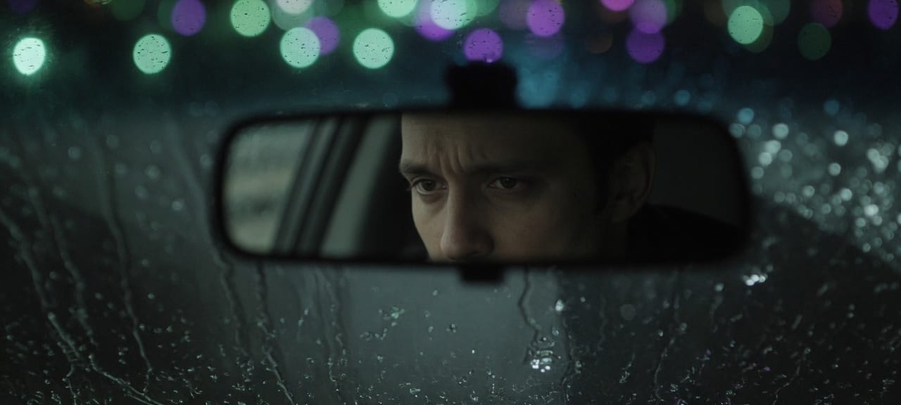 Night rain on a windshield, city lights above, a tired man in the rear-view mirror.