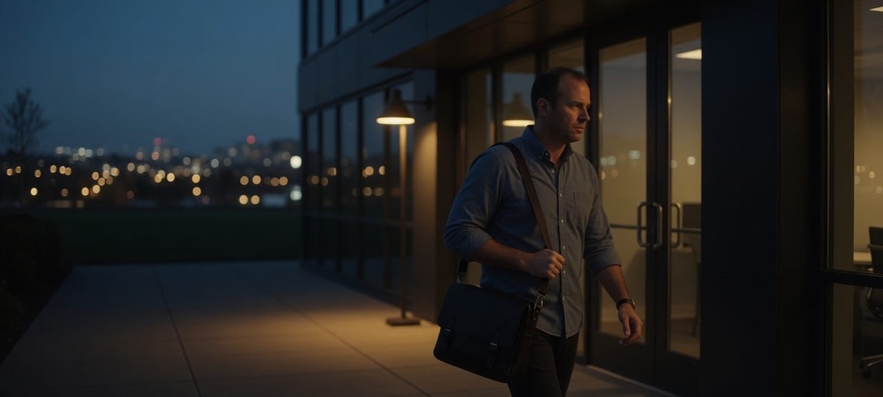 The same manager leaving the office at dusk, bag on his shoulder.