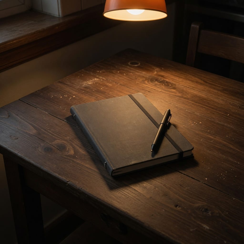 A closed notebook and a pen under one lamp.
