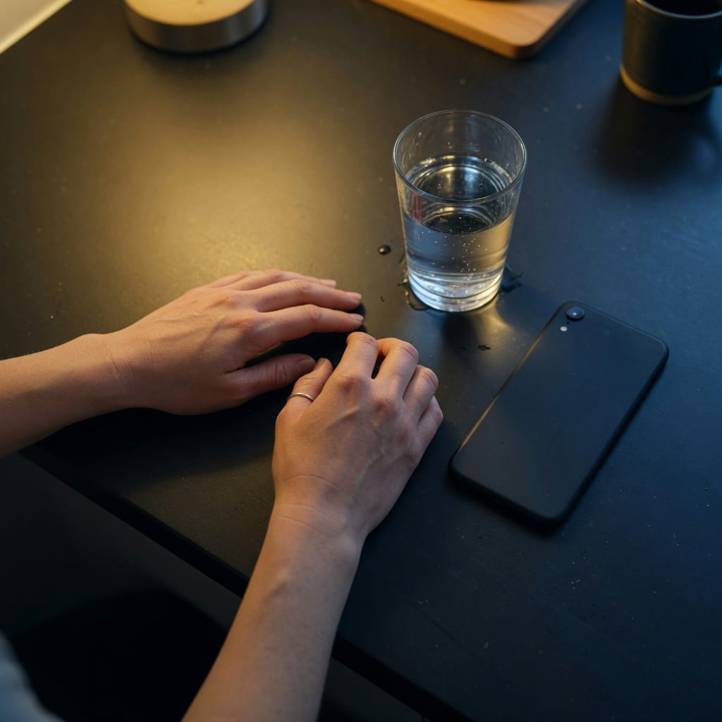 Hands on a counter, a phone face down, a glass of water.
