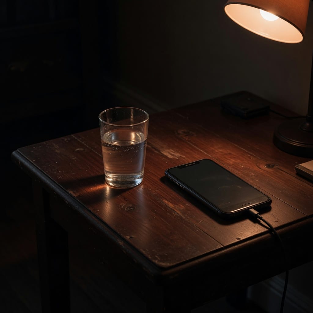 A glass of water and a phone face down beside a lamp.