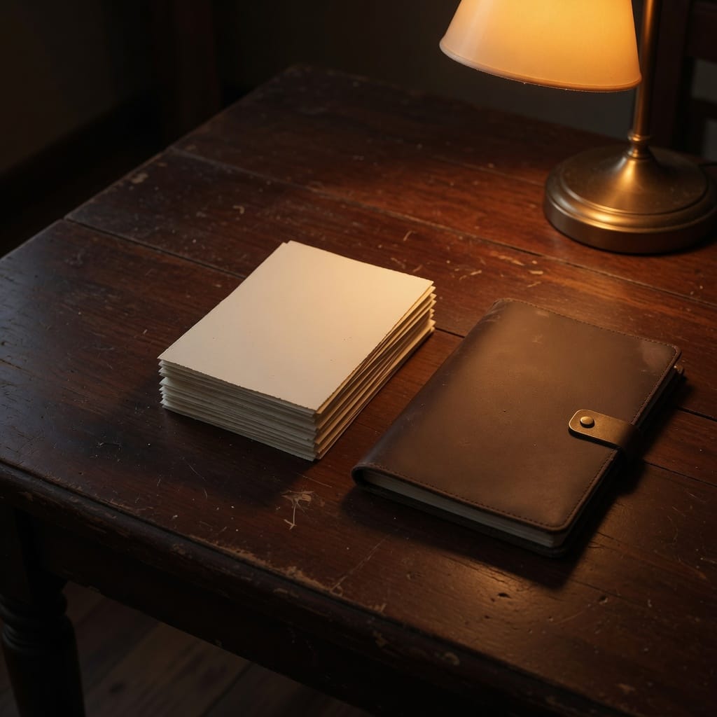 Blank cards and a closed notebook, the place to start.
