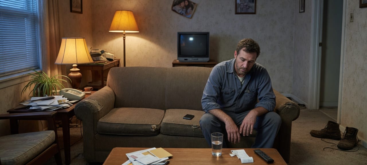 The same man on the edge of the couch, phone face down, one lamp on.
