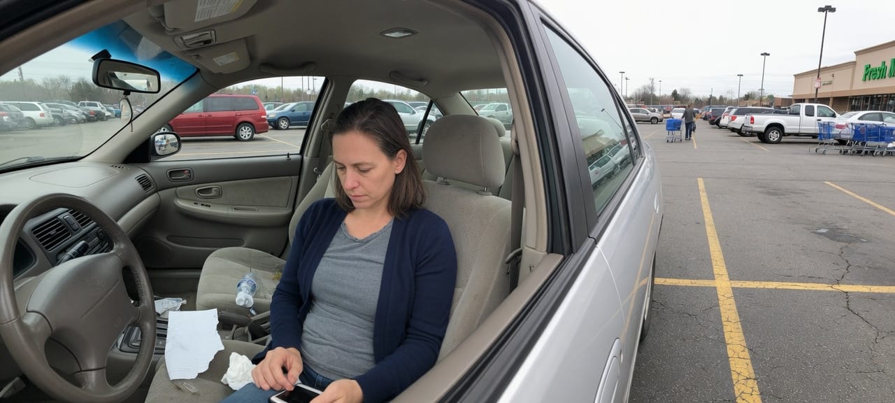 A woman still in the driver's seat in a grocery lot, the door not open yet.